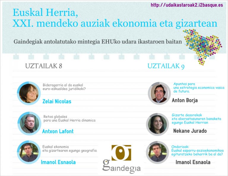 «Euskal Herria, XXI. mendeko auziak ekonomia eta gizartean» eta «Euskal Herriko ekonomia eta gizartea, diagnostikorako lanabesak» ikastaroak Gaindegiaren eskutik UEU eta EHUko udako ikastaroetan