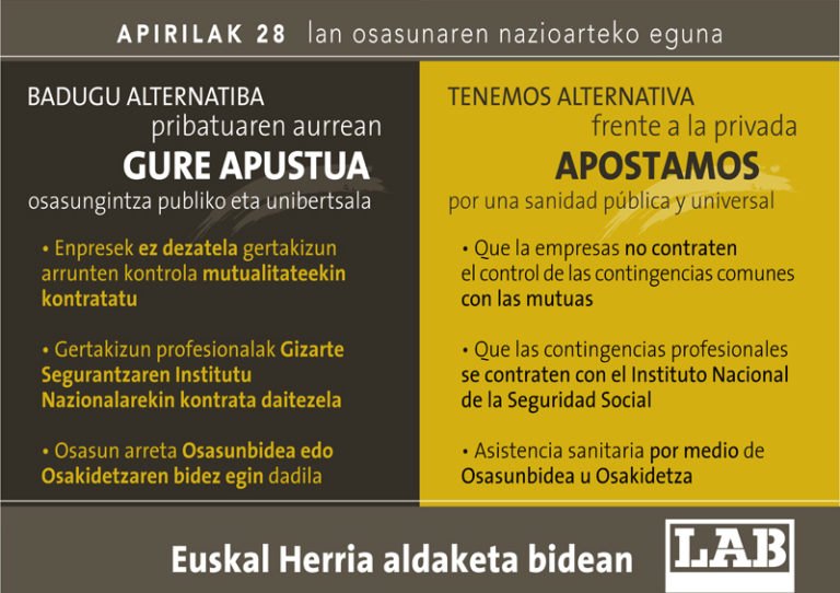 Apirilak 28: “Badugu alternatiba, pribatuaren aurrean gure apustua osasungintza publiko eta unibertsala”