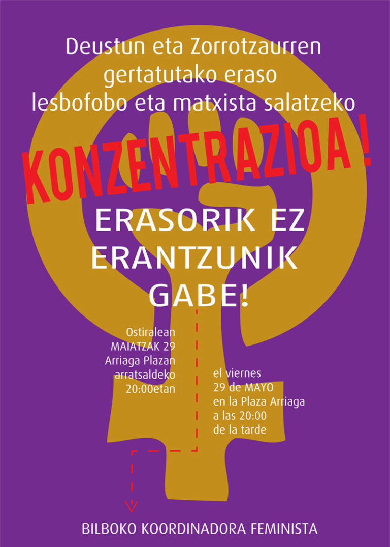 Deustu eta Zorrotzaurreko eraso lebofobo eta matxista salatzeko konzentrazioa bihar Bilbon