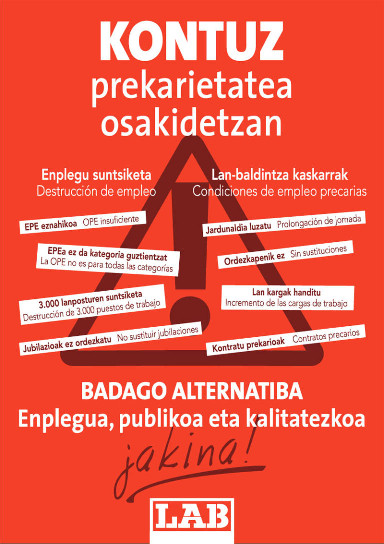 LABek enplegu suntsiketa eta lan baldintza kaskarrak salatzeko kanpaina abiatu du Osakidetzan