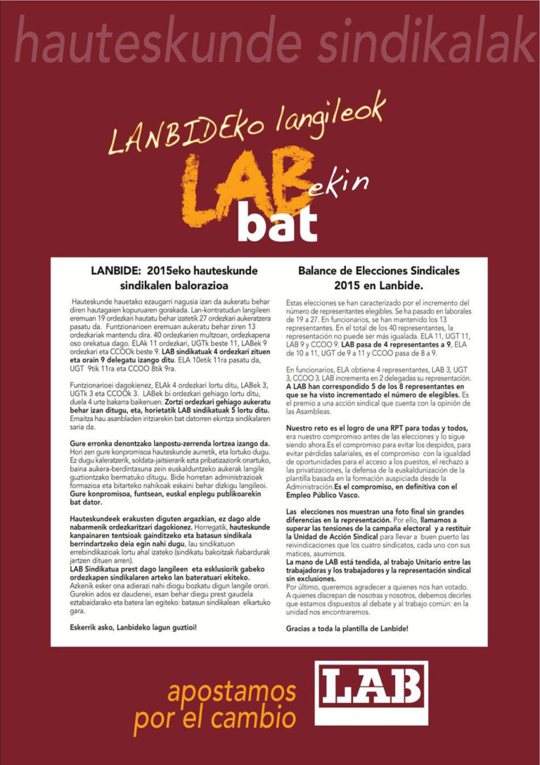 5 delegatu gehiago lortu ditu LABek Lanbideko hauteskunde sindikaletan