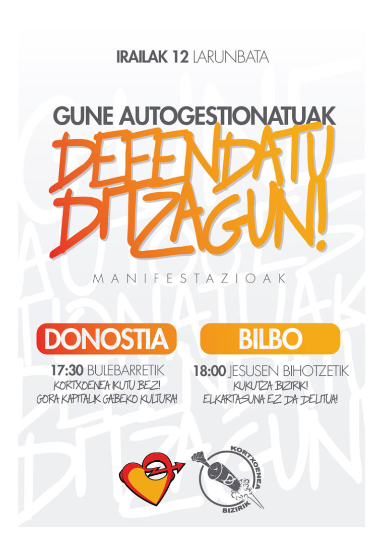 Gaztetxeak eta gune autogestionatuak defenda ditzagun irailaren 12an Bilbo eta Donostian