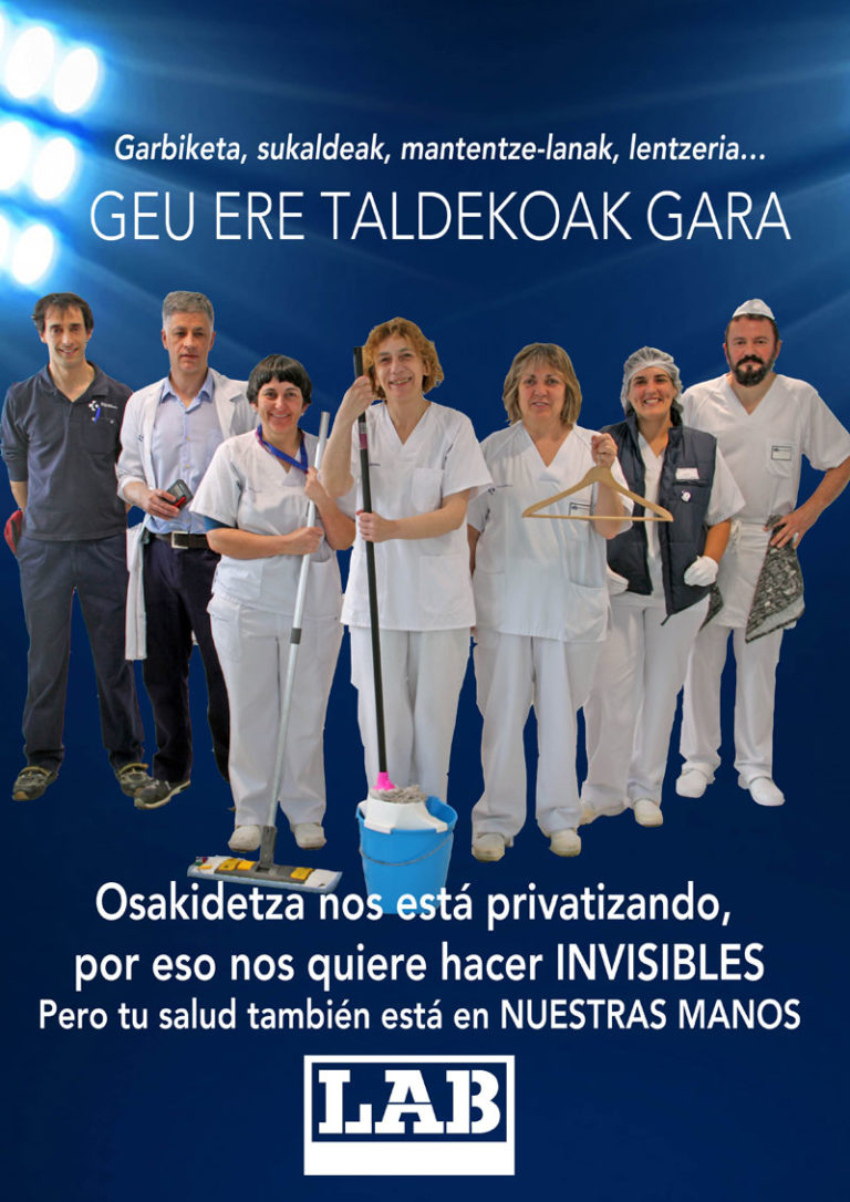Osakidetzak garbiketa, sukalde eta mantenu-zerbitzuko langileak baztertu ditu bere azken kanpainan