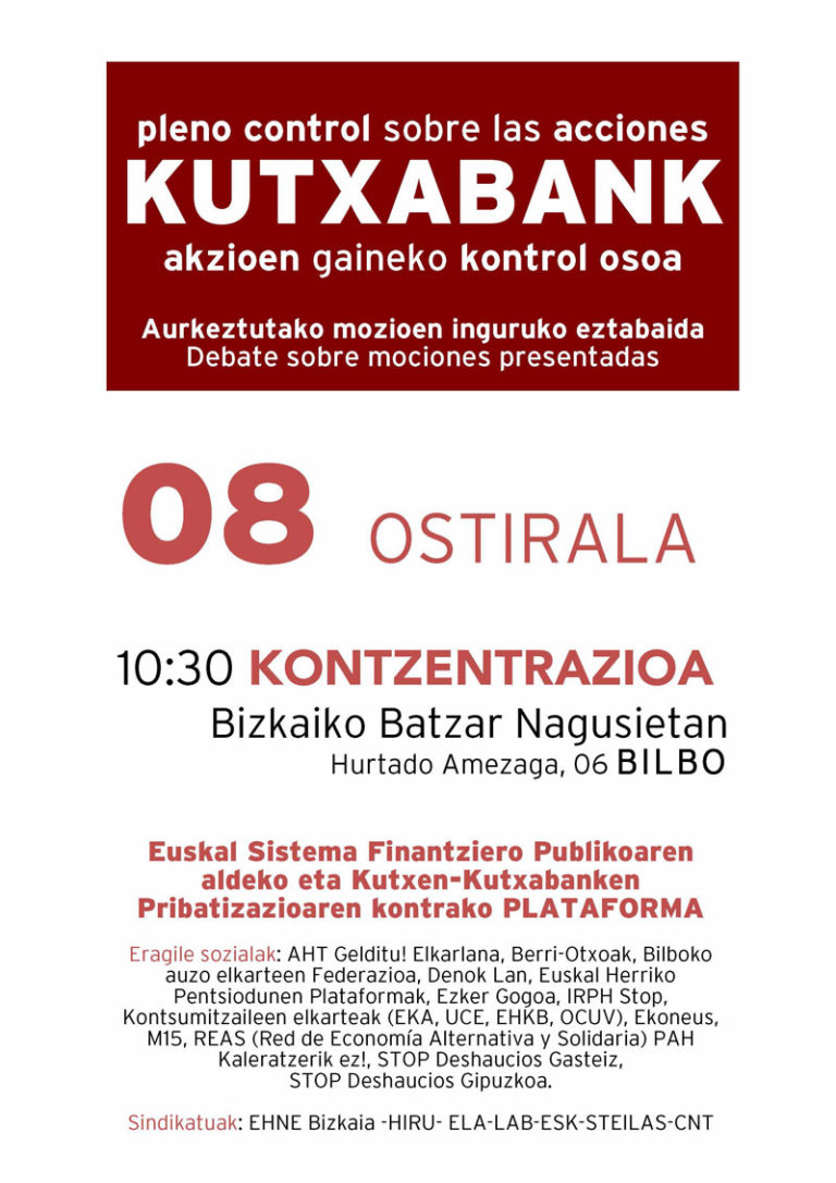 Euskal kutxen likidazio eta bankarizazio prozesuak bertan behera uztea eskatuko dugu