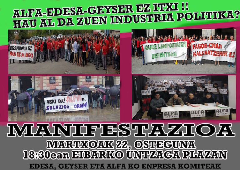 Las y los trabajadores de Alfa, Edesa y Geyser se manifestarán mañana en Eibar