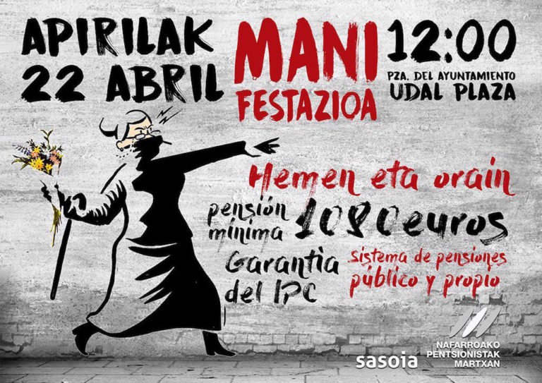 Llamamos a participar a la sociedad en general en la manifestación de pensionistas de Iruñea de este 22 de abril