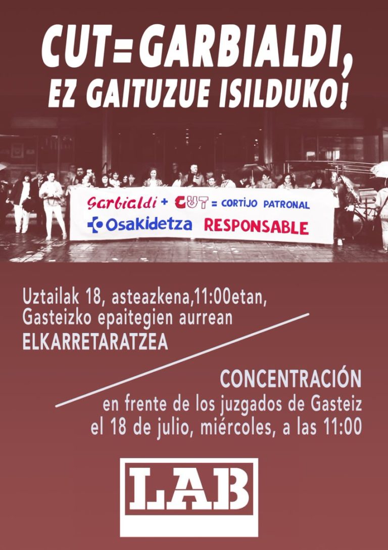 Mañana en los juzgados de Gasteiz manifestaremos a CUT y Garbialdi que no nos vamos a callar