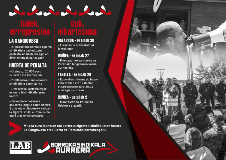 Mobilizazioak ugarituko dira Nafarroan sindikalisten aurkako jazarpen polizial eta judizialari aurre egiteko