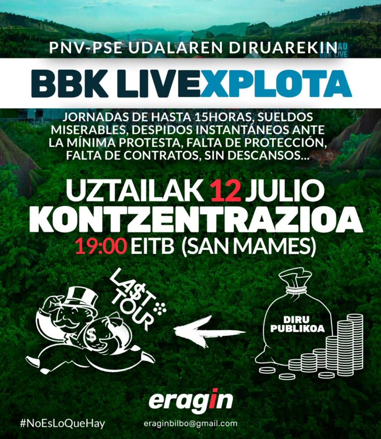 BBKLiveko langileen prekarietatea  eta instituzioek jaialdiari ematen dioten babesa salatzen dugu