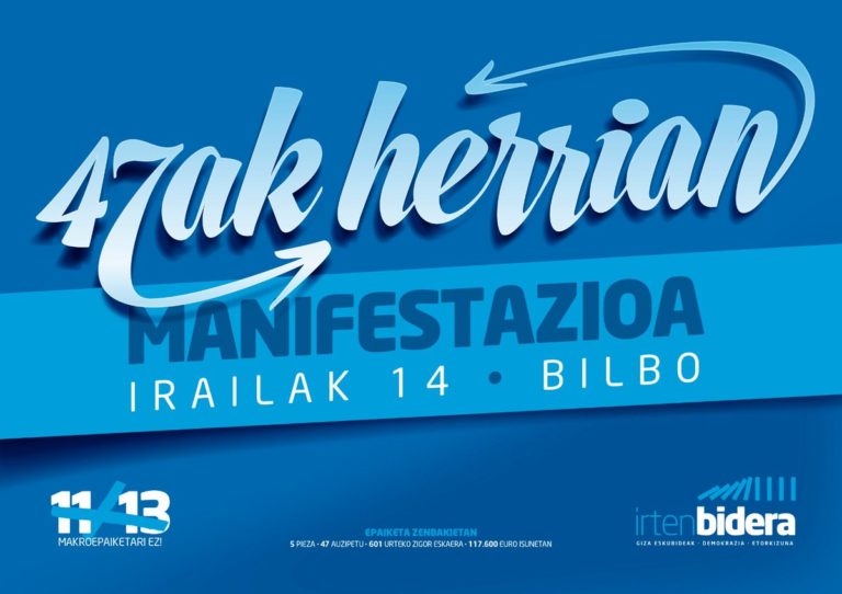 11/13 makroepaiketako auzipetuei babesa erakutsiko diegu larunbatean, Bilbon egingo den manifestazioan