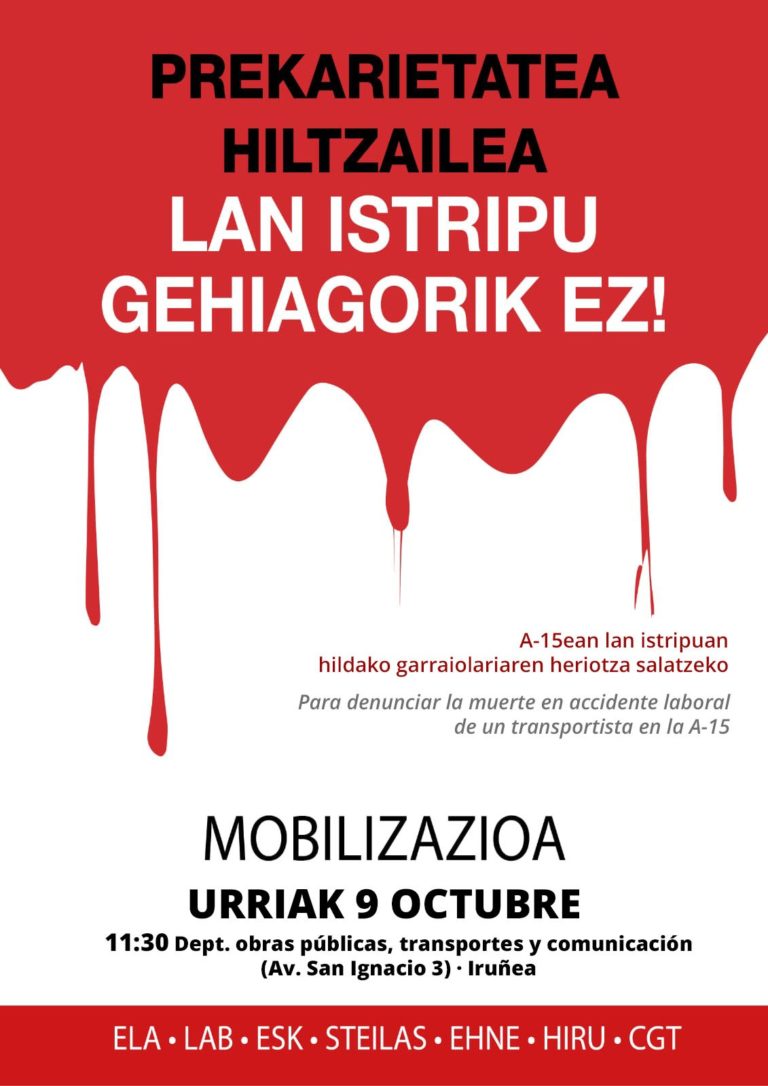Elkarretaratzea egingo dugu bihar Iruñean, Barasoainen ostiralean hildako garraiolariaren lan heriotza salatzeko
