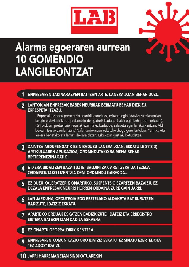 Alarma egoeraren aurrean, 10 gomendio langileontzat