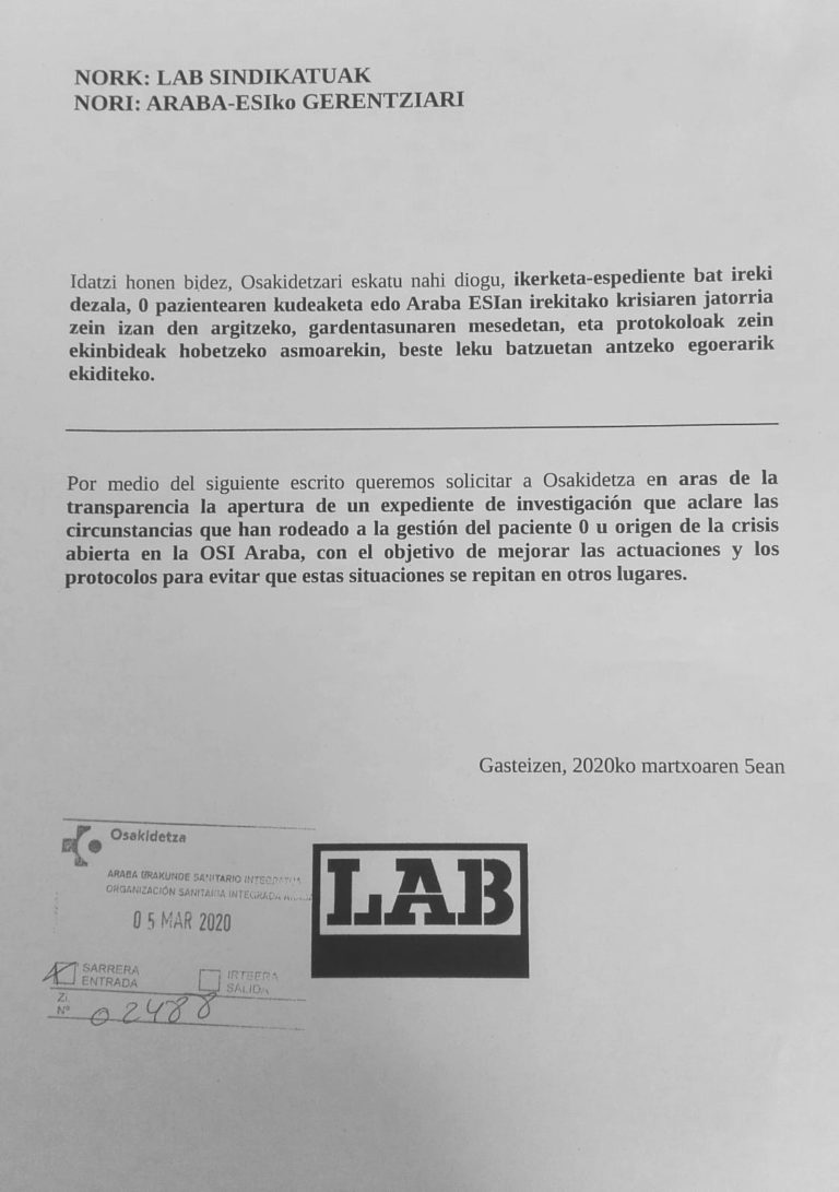 Arabako ESIko zuzendaritzari ikerketa espedientea abiatzea eskatu diogu, “0 Pazientearen” inguruko kudeaketaren egokitasuna argitzeko