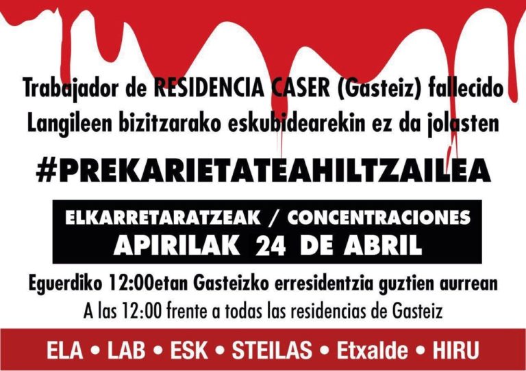 Elkarretaratzera deitu dugu biharko Gasteizko helduen egoitza guztietan, koronabirusak eragindako azken lan heriotza salatzeko