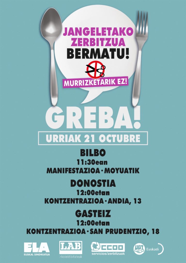 Mantenemos la convocatoria de huelga en los comedores escolares de la CAV, pese a la reunión convocada por Educación