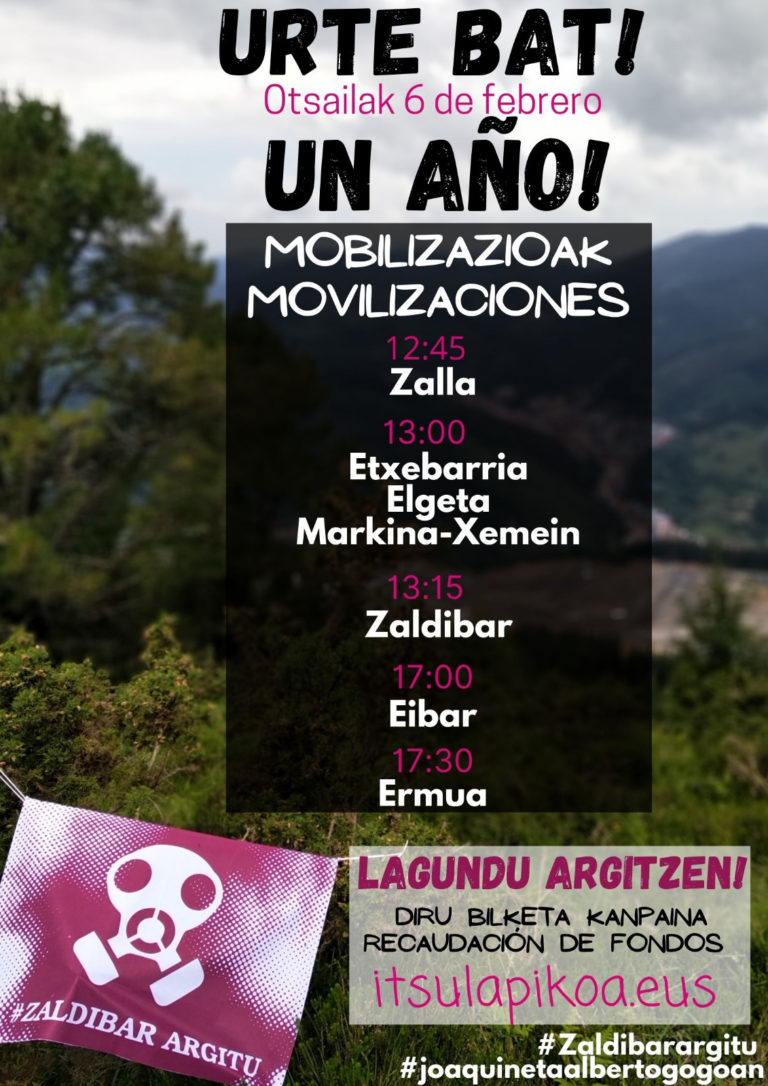 Nos sumamos a las movilizaciones convocadas por la plataforma Zaldibar Argitu con motivo del aniversario del derrumbre del vertedero