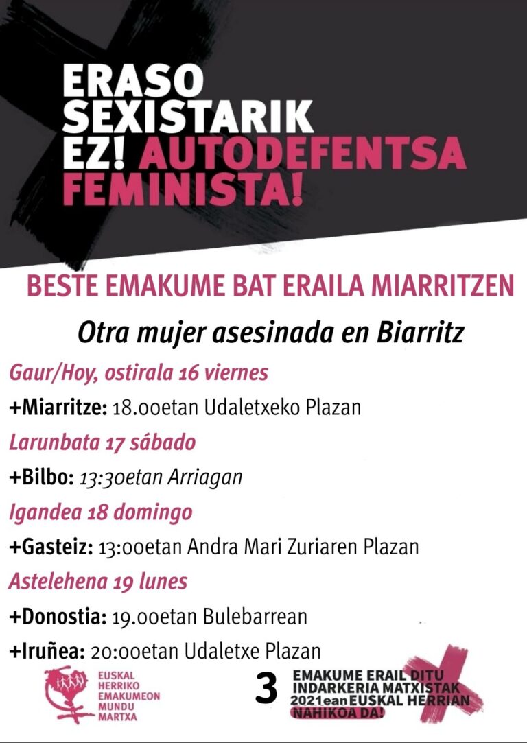 Emakumeon Mundu Martxa llama a movilizarse por el asesinato machista ocurrido en Biarritz