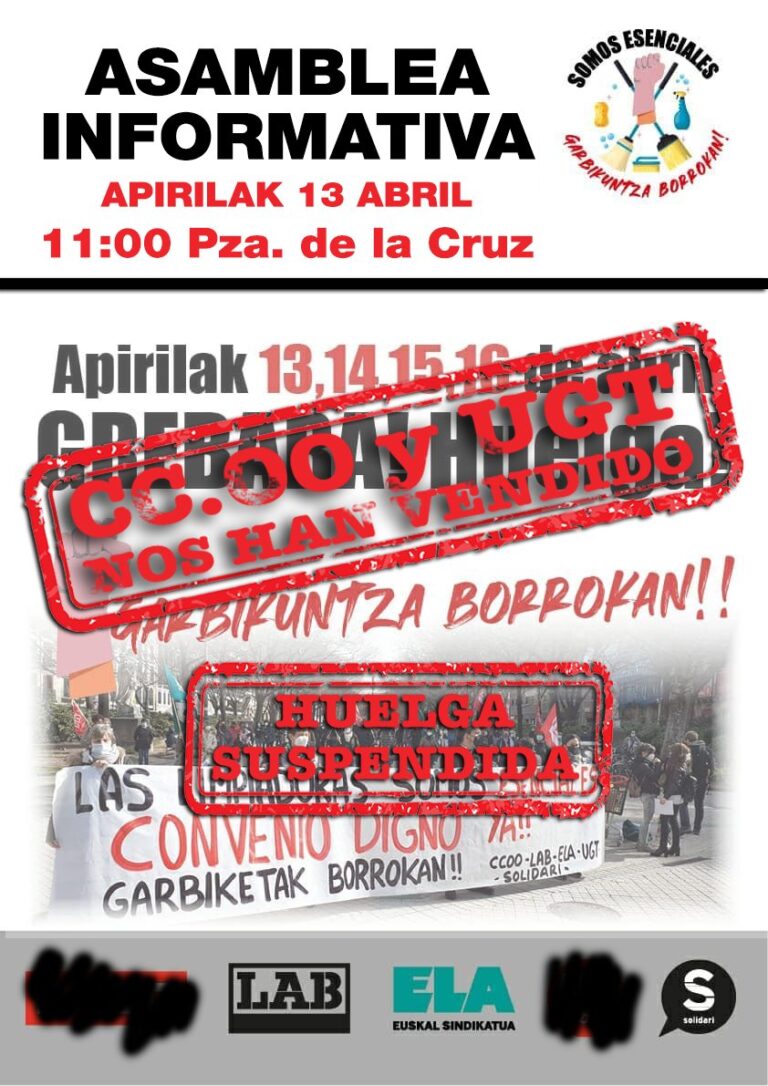 CCOO y UGT han vendido a las trabajadoras de Limpieza de Nafarroa al dejar sin efecto la huelga y aceptar la congelación salarial para los años 2019 y 2020
