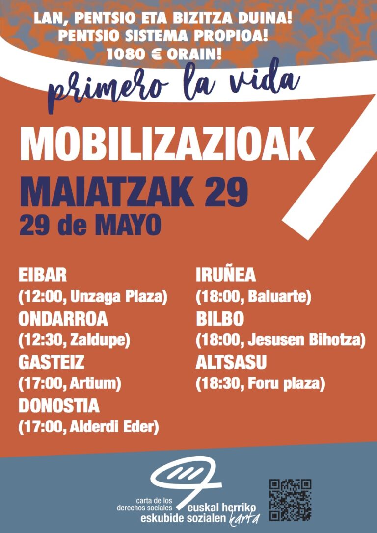 La Carta de Derechos Sociales de Euskal Herria llama a participar en las movilizaciones convocadas por el movimiento de pensionistas