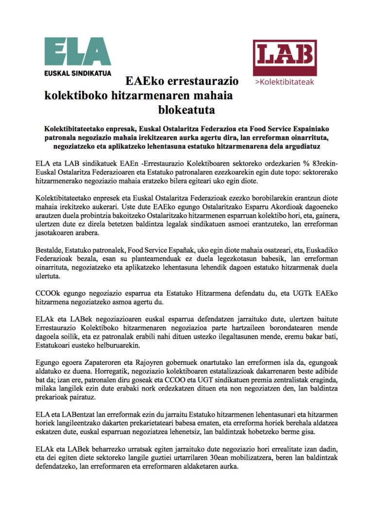 EAEko errestaurazio kolektiboko hitzarmenaren mahaia blokeatuta