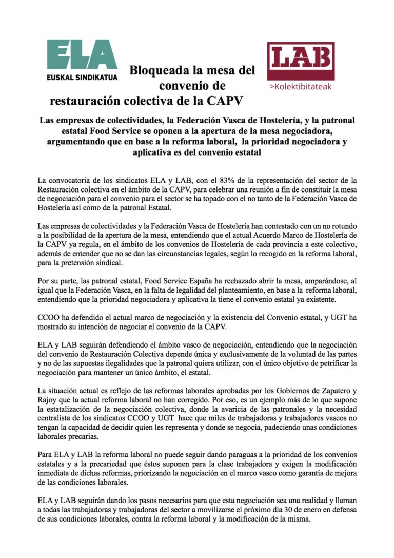 Bloqueada la mesa del convenio de restauración colectiva de la CAPV