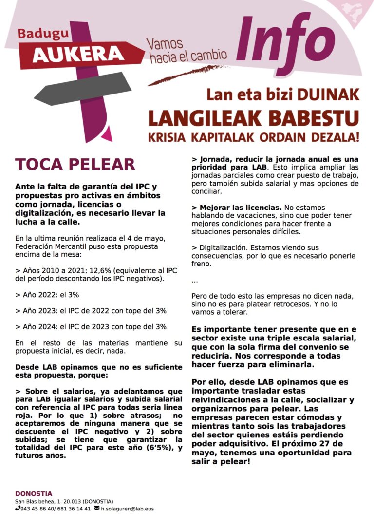 Ante la convocatoria de huelga del 27 de mayo, llamamos a la lucha para conseguir un convenio colectivo digno en el comercio textil de Gipuzkoa