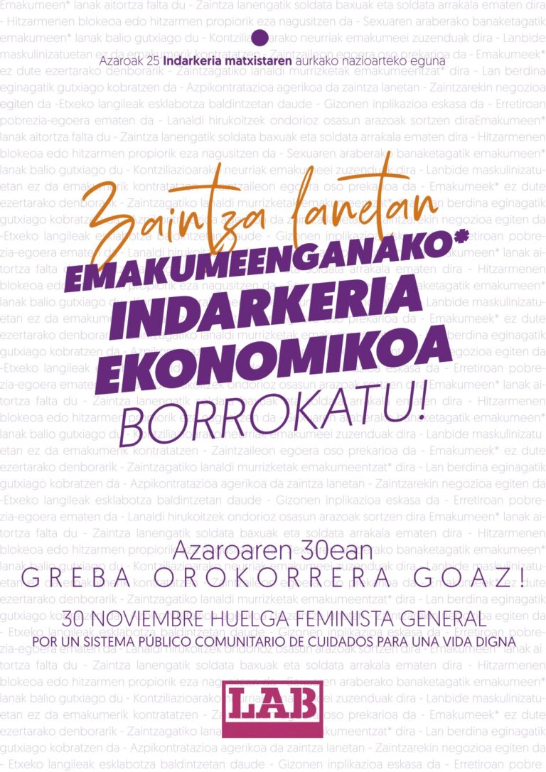 Azaroak 25: Zaintza lanetan emakumeenganako* indarkeria ekonomikoa borrokatu!