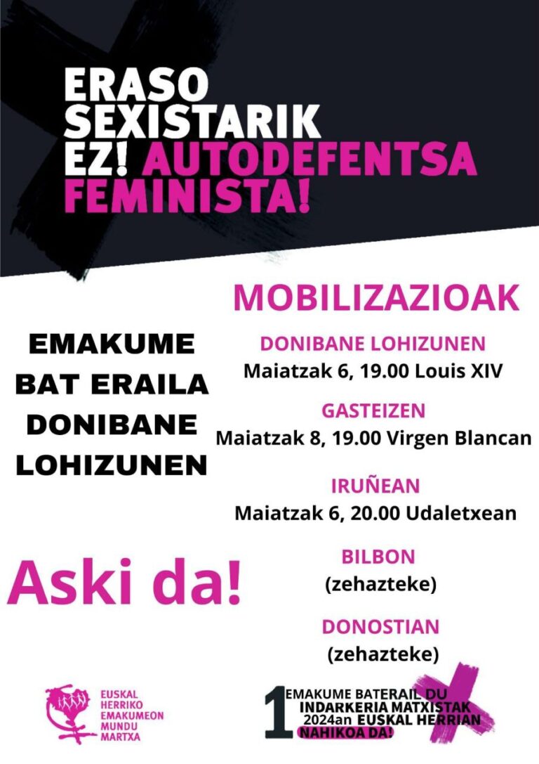 Hacemos un llamamiento a participar en las movilizaciones convocadas por la Marcha Mundial de Mujeres de Euskal Herria ante el primer asesinato machista del año