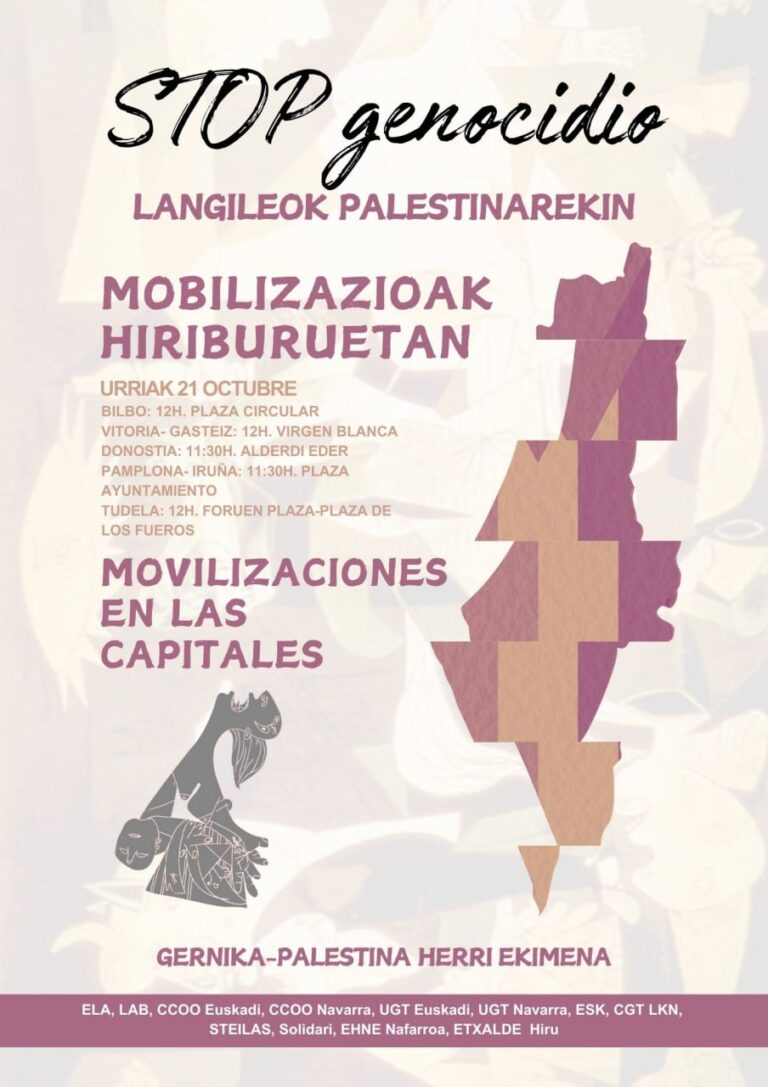 Urriaren 21ean mobilizazioak Hego Euskal Herriko hiriburuetan eta Tuteran “STOP genocidio, langileok Palestinarekin” lemarekin