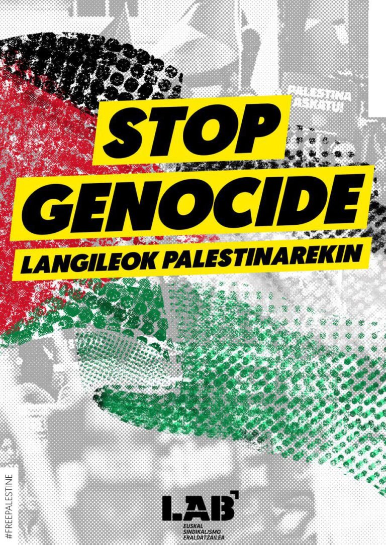 El sindicato LAB valora positivamente las mociones aprobadas hoy en los parlamentos de Gasteiz e Iruñea condenando el genocidio en Palestina