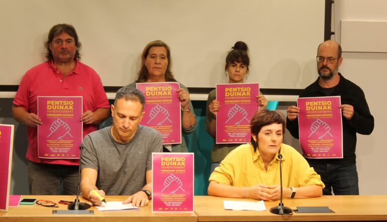 Euskal gehiengo sindikalak bat egin du Pentsiodunen Mugimenduak irailaren 20 eta 25erako deitutako mobilizazioekin, LGS pareko gutxieneko pentsioaren alde