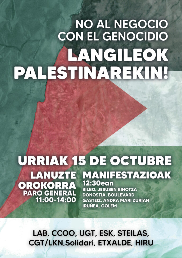 Gazako su-etenaz: Israelen erasoak berehala eten eta kolonizazioarekin behin betiko amaitzea eskatzeko, urriaren 15ean kalera