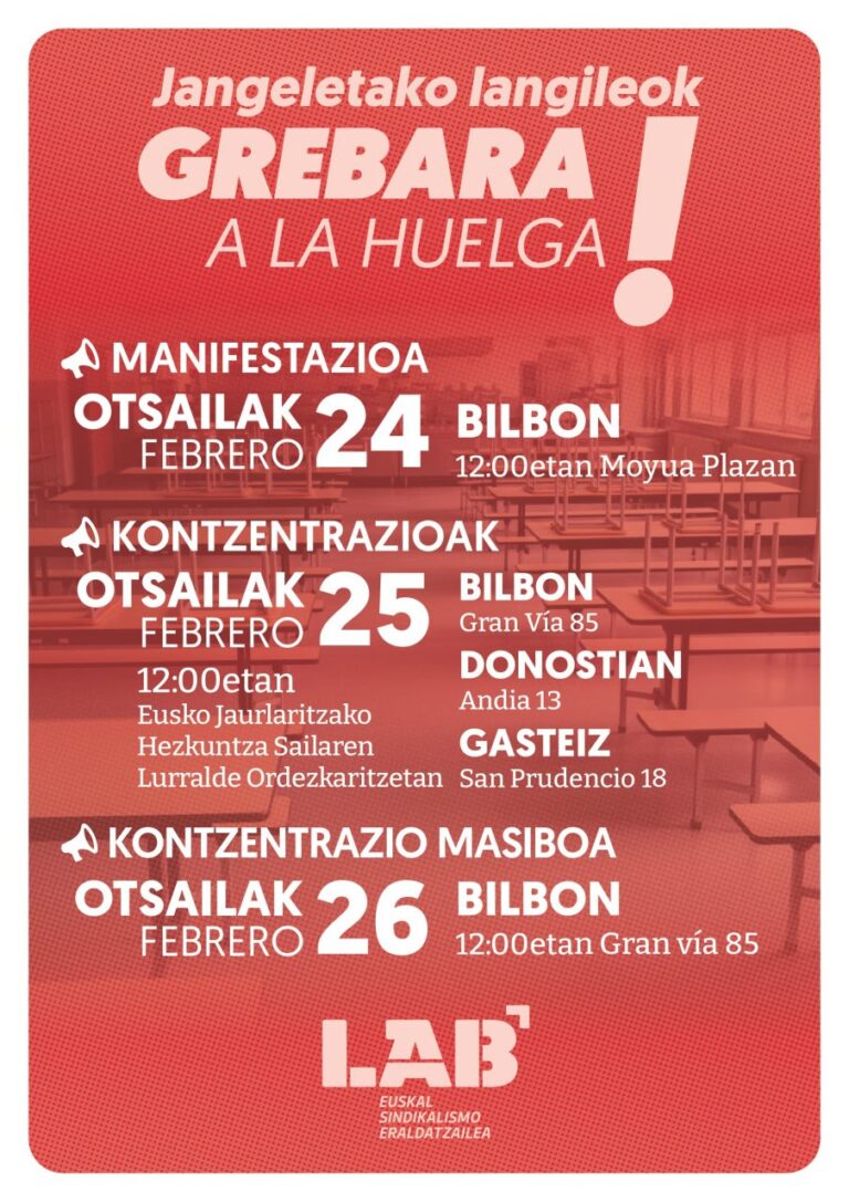 LAB, ELA, CCOO y UGT llaman a la huelga los días 24, 25 y 26 de febrero en defensa de condiciones laborales dignas para las trabajadoras de comedores escolares de la CAV
