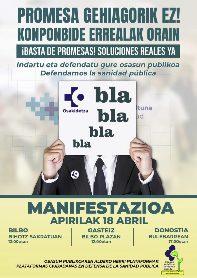 LAB hace un llamamiento a participar en las manifestaciones convocadas el sábado por las Plataformas Ciudadanas por una Sanidad Pública