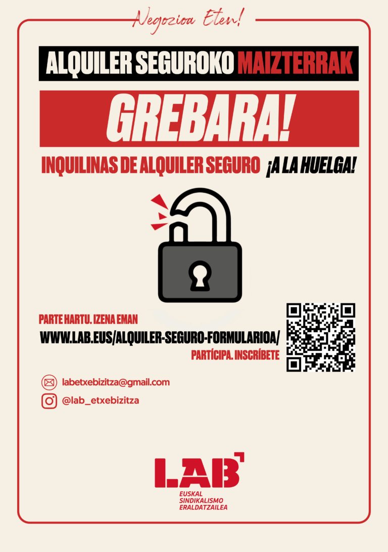 Lehen alokairu greba egiteko kanpainari hasiera eman dio LABek, Alquiler Seguro etxe agentziak kudeatutako etxebizitzetako maizterrekin batera