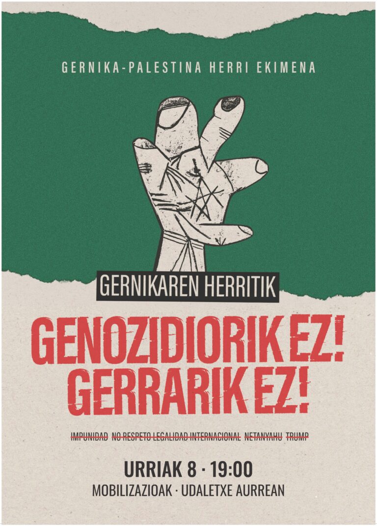 Gernika-Palestinak hilaren 8rako deitutako mobilizazioetan parte hartzera dei egiten dugu